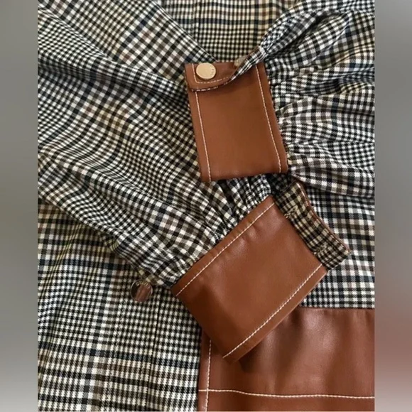 STAUD ‘Oz’ Checkered Long Sleeve Dress with Leatherette Details - Picture 13 of 16